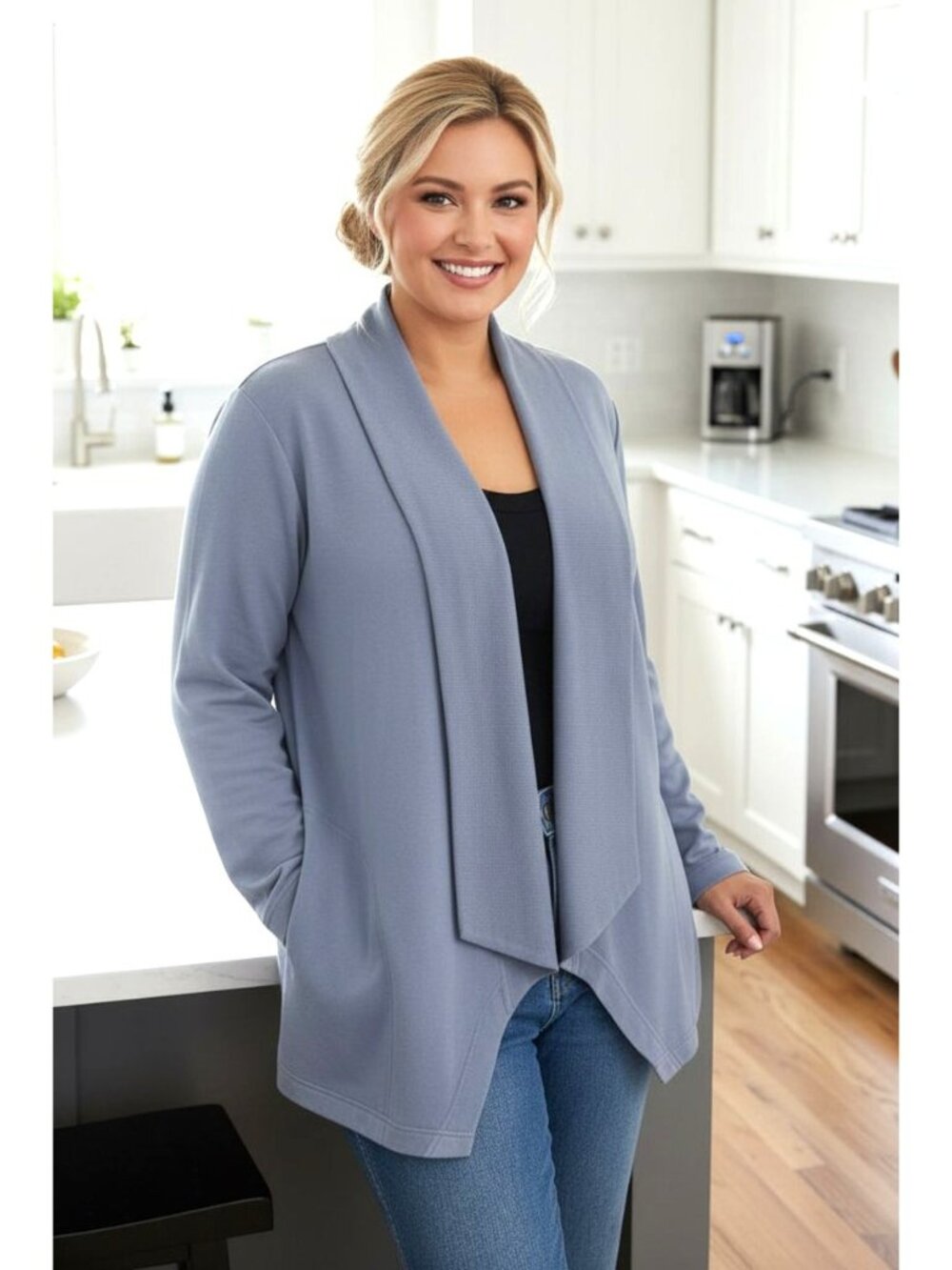 Max & Mia M Knit Cardigan Drape Open Front Long Sleeve Pockets Stretch Knitwear